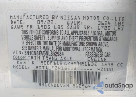 2022 Nissan Versa 1.6 Sv Xtronic Cvt from USA, damaged, VIN 3N1CN8EV5NL862984